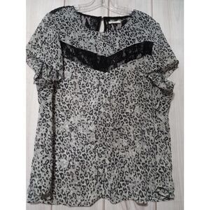Ladies 2x Leopard Print Blouse Black Lace Detail Plus‎ Size Top